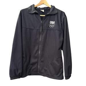 Men’s Size Large Black Zip Up Olympics Jacket USA Made Olympic Rings Logo‎